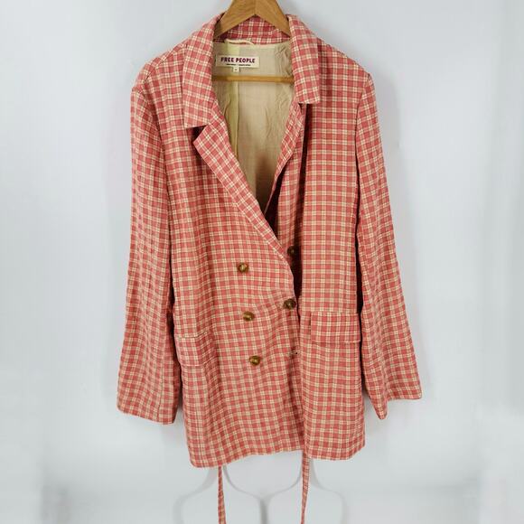 Free People Oversized Plaid Blazer Pink Beige Double Breasted Jacket Size XL - Picture 1 of 9